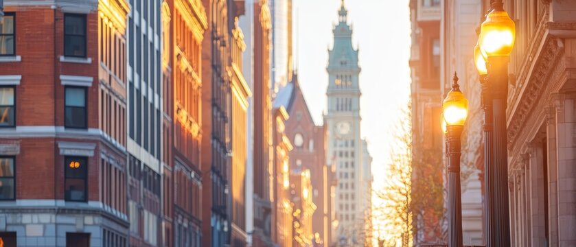 A tall building with a clock tower is in front of a street light