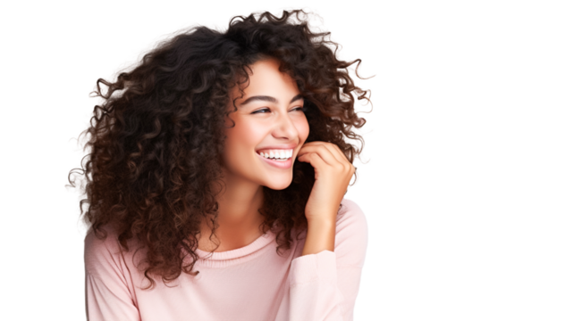 Portrait of a smiling African American woman with afro hair, isolated on transparent background PNG.