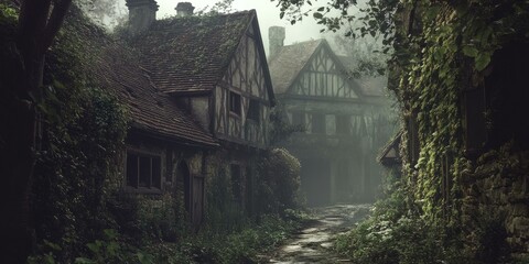 Stone houses in overgrown, misty alley.