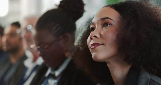 Business, people and presentation at convention with attention for corporate PR, development or growth. Public relations, men and women in audience at press conference, trade show or company seminar