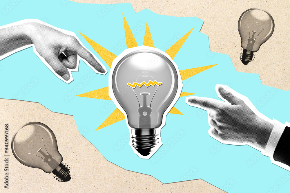 Poster hands pointing at abstract drawn lightbulb on light cartoon background. idea and innovation concept.