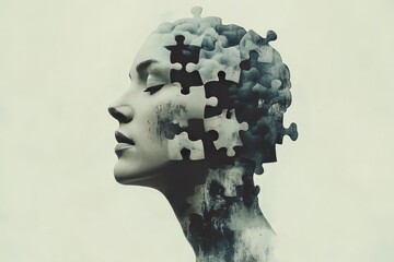 Artistic double exposure portrait of a woman with a puzzle piece missing from her head symbolizing the process of self discovery the search for identity and the complexities of thought
