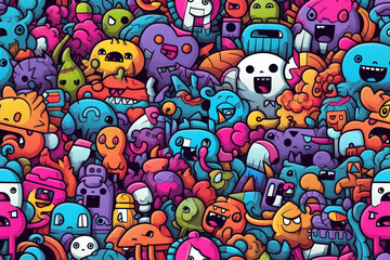 A colorful seamless pattern with a variety of doodle characters, including monsters, animals, and abstract shapes.