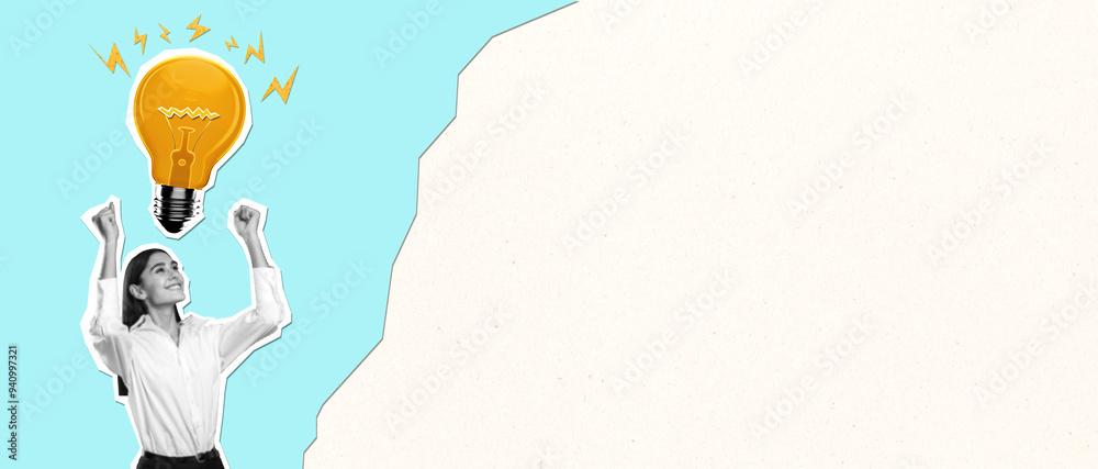 Poster happy businesswoman with abstract drawn lightbulb on light cartoon background with mock up place. id