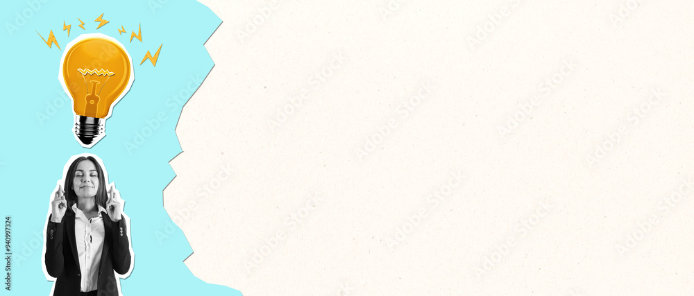 Aufkleber happy woman with abstract drawn lightbulb on light cartoon background with mock up place. idea and i