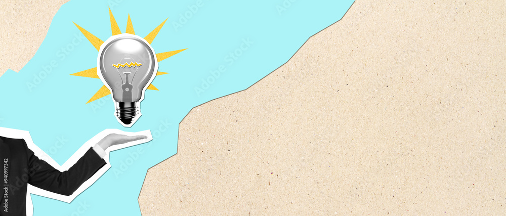 Poster businessman hand holding abstract drawn lightbulb on light cartoon background with mock up place. id