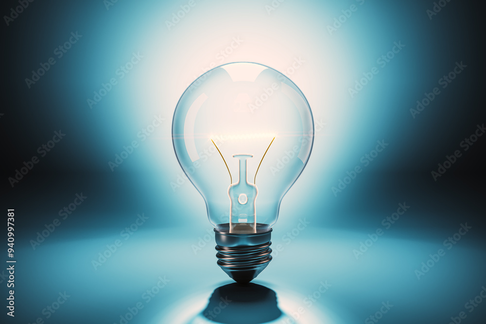 Poster glowing light bulb on dark blue background. idea and innovation concept. 3d rendering.