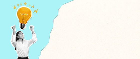 Happy businesswoman with abstract drawn lightbulb on light cartoon background with mock up place. Idea and innovation concept.