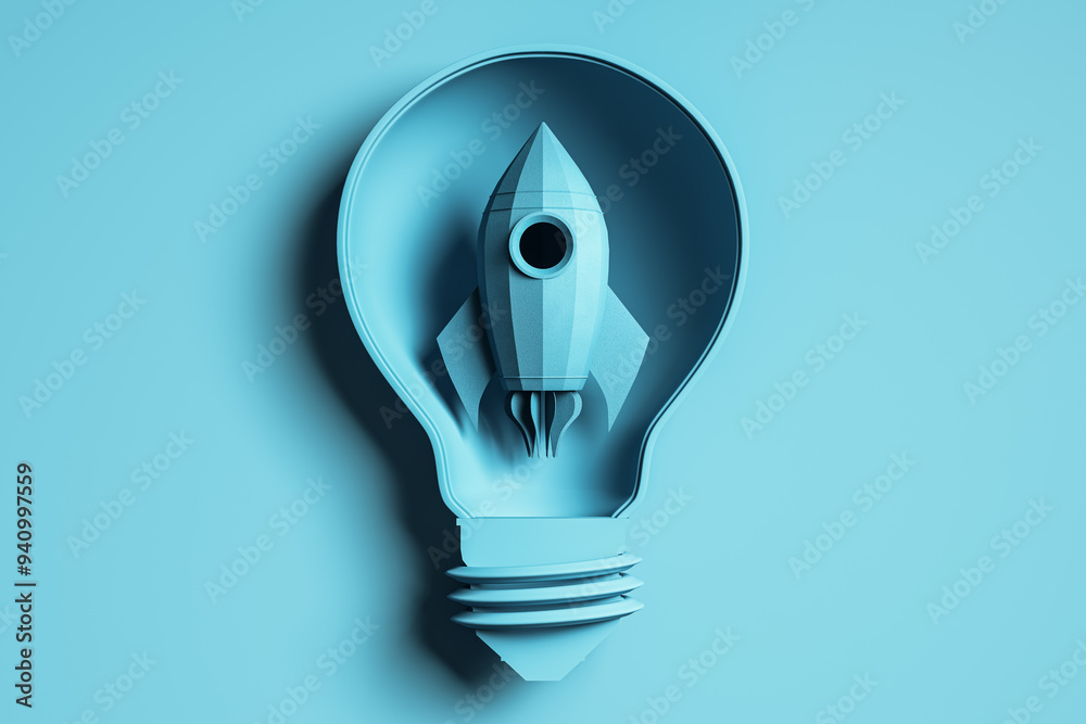 Poster creative abstract rocket and spaceship on blue background. startup and innovation concept. 3d render