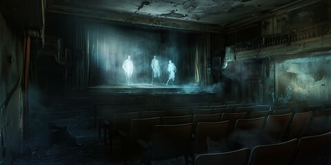 Three ghostly figures stand on a stage in a dilapidated