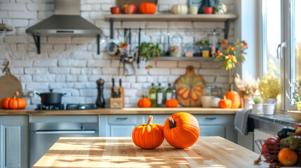 Autumn kitchen interior. Red and yellow leaves and flowers and pumpkins on light modern kitchen background. Halloween or Thanksgiving mock up for design and product display
