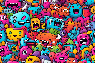 Obraz premium A colorful, chaotic pattern of whimsical cartoon monsters, faces, and objects.