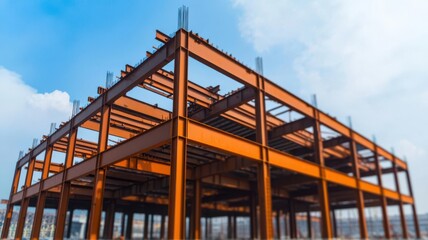 Obraz premium A steel structure under construction showcasing modern architecture and industrial design against a clear blue sky.