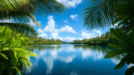 Obraz premium Serene Waters, Summer's Embrace: A tranquil tropical river scene bathed in sunlight, lush green trees lining the banks, inviting a sense of peace and tranquility.