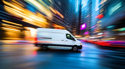 Express delivery service van speeding through the city to make timely deliveries.
