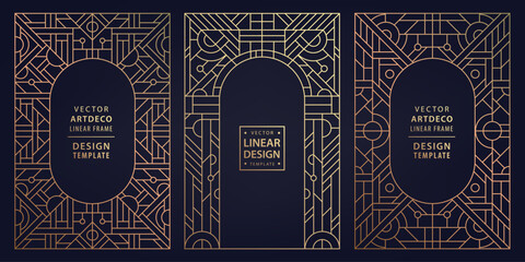 Vector set of art deco gold on black Gatsby invitations, line luxury borders, modern abstract geometric design. Vintage labels, posters, package banners. © marylia17