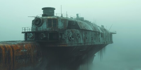 Rusty ship in foggy landscape.