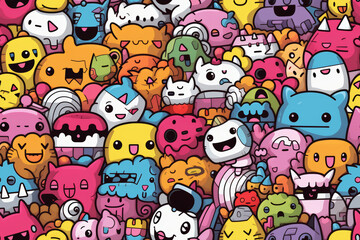A colorful, seamless pattern with cute cartoon characters of various colors and designs.