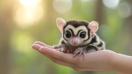 A small, cute, striped, black and white,  pygmy marmoset,  with large eyes, sits on an open hand.