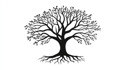 Minimalist black tree silhouette with spreading branches and roots, perfectly isolated on a white background for elegant vector graphics.