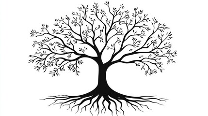 Fototapeta premium Minimalist black tree silhouette with spreading branches and roots, perfectly isolated on a white background for elegant vector graphics.
