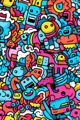 A colorful, whimsical doodle pattern with a variety of happy characters and shapes.