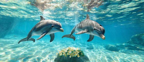 Fototapeta premium A pair of dolphins swim near corals in a body of water An aquarium is filled with corals at its bottom