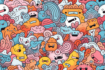 A colorful, whimsical pattern featuring cartoon faces and abstract shapes.