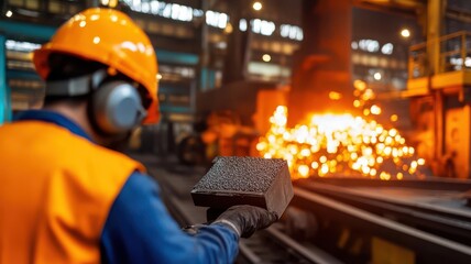 Obraz premium A worker in a safety helmet handles molten material in a steel factory, showcasing industrial processes and safety measures.