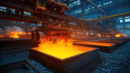 Obraz premium A dramatic view of a steel mill with molten metal and intense heat, showcasing industrial manufacturing and heavy machinery.