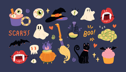 Cute Halloween ghosts, vampires, snakes and decorations illustration set for media design. Spooky modern vector objects and doodles. Trendy flat art vector set