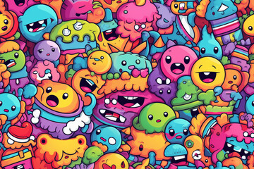 Fototapeta premium A seamless pattern featuring a colorful and playful collection of various cartoon monsters.