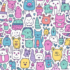 Obraz premium A seamless pattern featuring a playful, colorful array of cartoon animals, hearts, and plants on a white background.
