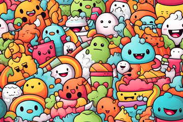 A seamless pattern featuring a variety of cute and colorful cartoon characters.