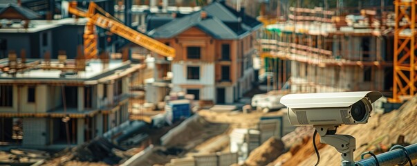 Naklejka premium Construction of houses in a scenic area with mountains.