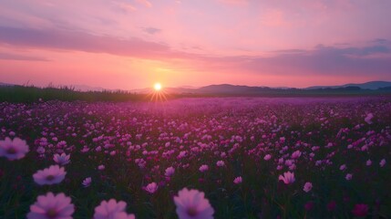 Pink Cosmos Flower Field at Sunset