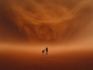 Fototapeta premium A man stands on a sand dune, silhouetted against a sunset sky,