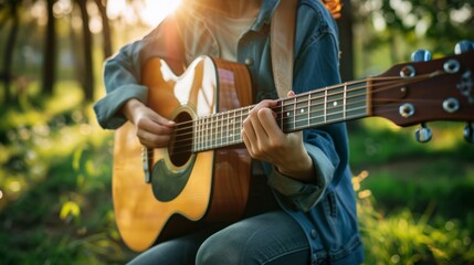 Young women playing acoustic guitar outdoor in green park. Woman person playing acoustic guitar music instrument at home, young musician girl lifestyle in beautiful nature. Happy guitarist