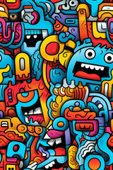A seamless pattern of colorful doodles, including monsters, shapes, and abstract designs.
