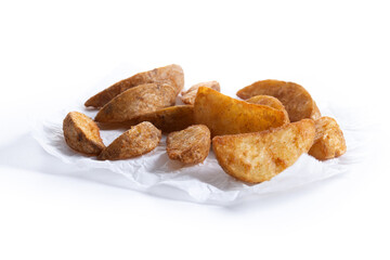 Fried potato wedges isolated on white background.