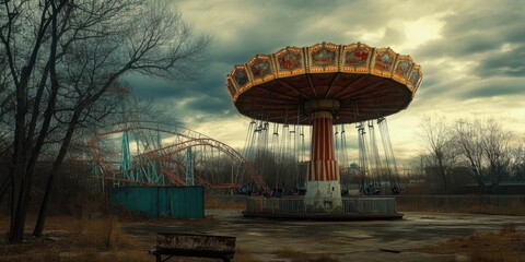 An abandoned carousel and roller coaster in a clearing.