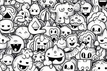 A seamless pattern of cute and funny doodle characters in black and white.