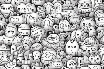 A seamless pattern of cute black and white doodle monsters and creatures.