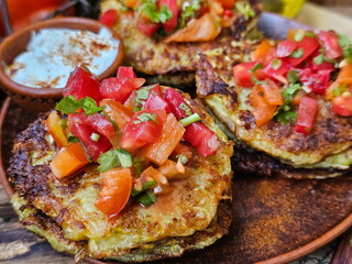 Zucchini pancakes with vegetables on a wooden table