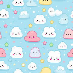 A seamless pattern of cute cartoon clouds with happy faces and stars on a light blue background.
