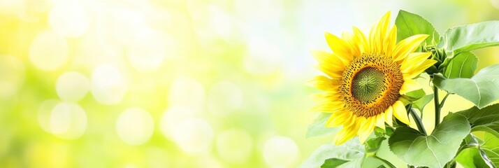 Obraz premium A Close-up of a Sunflower with Green Leaves and a Blurred Background
