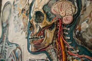 Fototapeta premium Close-up view of a human body highlighting a diverse array of internal organs, emphasizing their complexity and interconnection,. Depicting the complexity of human anatomy, AI generated
