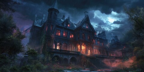 Obraz premium Haunted house in stormy night with glowing windows.