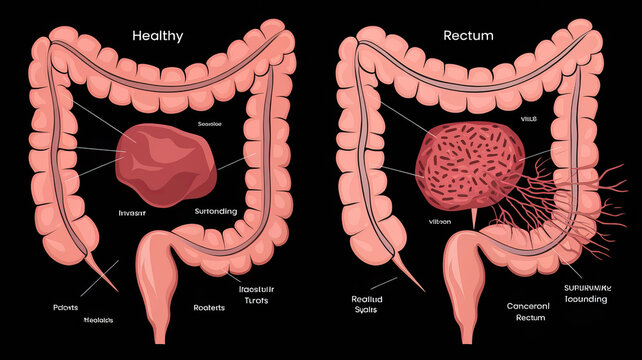 Illustration comparing a healthy rectum with one affected by rectal cancer.