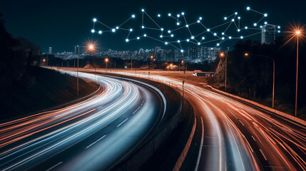 Night cityscape with highway traffic lights and abstract network connection..